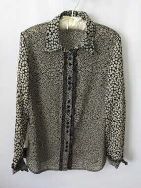 Claudia Richard black twin print ruffled button front long slv blouse *Sz M*